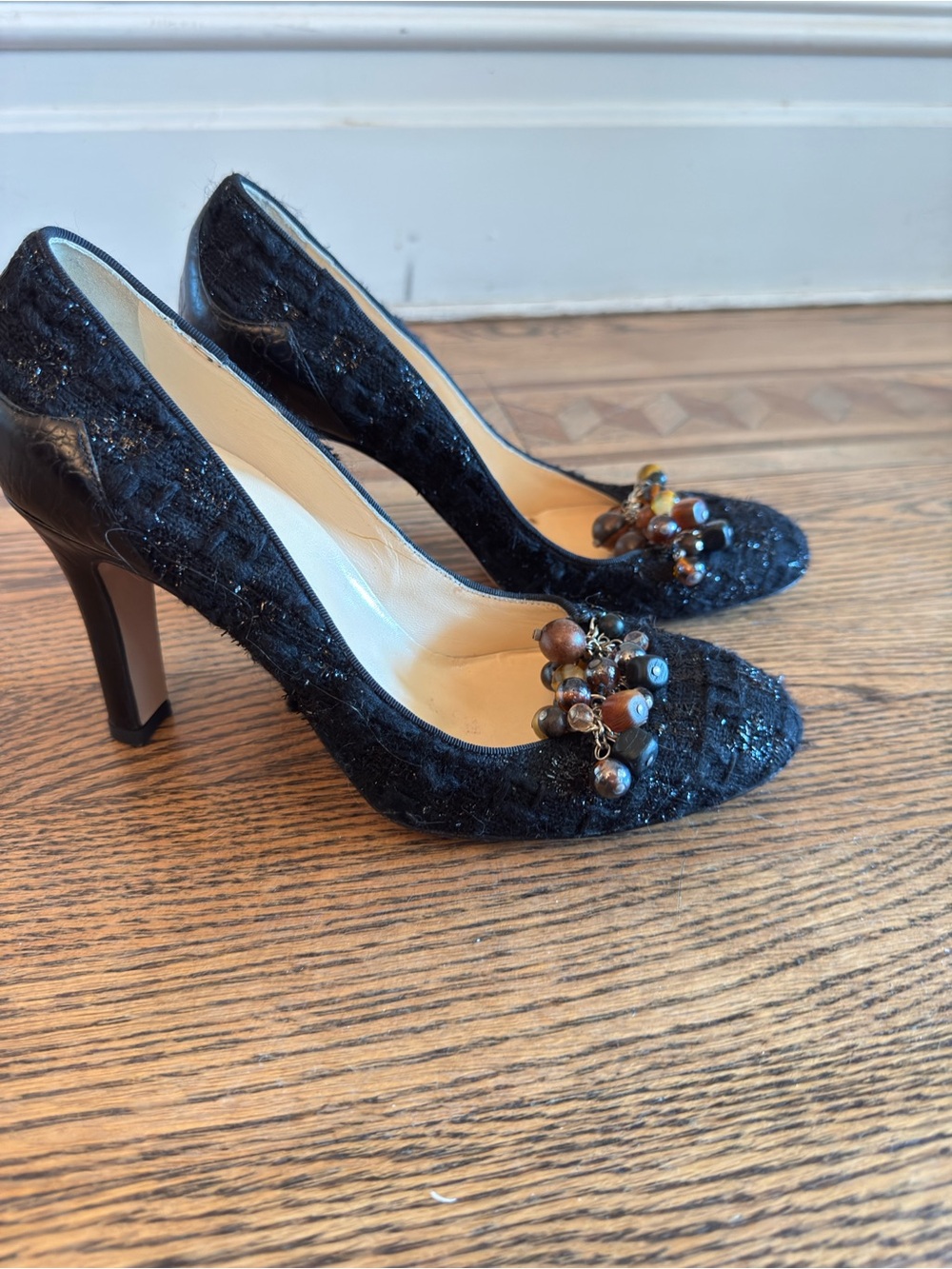 Cole Haan Black Tweed Pumps with Beaded Accent